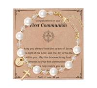 Initial A-Z Letter First Communion Gifts for Girls,Rosary Pearl Cross Bracelet for Christian Catholic Goddaughter, M, Stainless Steel, no gemstone