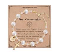 Initial A-Z Letter First Communion Gifts for Girls,Rosary Pearl Cross Bracelet for Christian Catholic Goddaughter, M, Stainless Steel, no gemstone