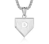 Initial A-Z Necklace for Boys Stainless Steel Letter Shield Pendant Box Chain 22+2 inch Inspirational Baseball Home Plate Necklace Baseball Jewelry Gift for Men, Silver, No Gemstone
