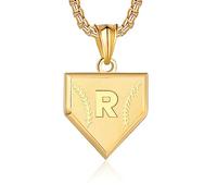 Initial A-Z Necklace for Boys Stainless Steel Letter Shield Pendant Box Chain 22+2 inch Inspirational Baseball Home Plate Necklace Baseball Jewelry Gift for Men, Gold, No Gemstone
