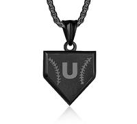 Initial A-Z Necklace for Boys Stainless Steel Letter Shield Pendant Box Chain 22+2 inch Inspirational Baseball Home Plate Necklace Baseball Jewelry Gift for Men, Black, No Gemstone
