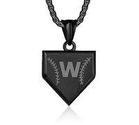 Initial A-Z Necklace for Boys Stainless Steel Letter Shield Pendant Box Chain 22+2 inch Inspirational Baseball Home Plate Necklace Baseball Jewelry Gift for Men, Black, No Gemstone