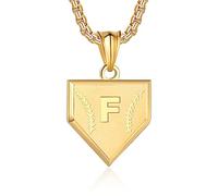 Initial A-Z Necklace for Boys Stainless Steel Letter Shield Pendant Box Chain 22+2 inch Inspirational Baseball Home Plate Necklace Baseball Jewelry Gift for Men, Gold, No Gemstone