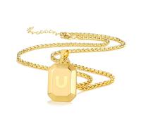 Initial A-Z Necklace for Men Boys, Stainless Steel Gold Square Letter Pendant Chain for Mens, 20+2 Inch Wheat Chain Alphabet Monogram Dog Tag Necklaces Fathers Day Dad Gifts Jewelry Gifts（E)