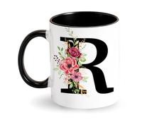 Initial Alphabet Letter Coffee Mug Black Ceramic Coffee Mug Personalized Gift for Girlfriend Wife Mom Birthday Mother's Day (R)