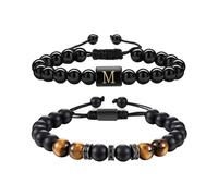Initial Beaded Bracelets for Men, Mens Bracelets Gifts for Him, Tiger Eye Bracelet for Dad Grandad Son Uncle Brother, Beads Bracelet Present for Birthday Fathers Day Christmas Valentines Day (M)
