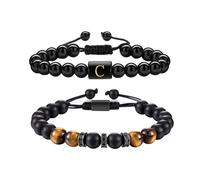 Initial Beaded Bracelets for Men, Mens Bracelets Gifts for Him, Tiger Eye Bracelet for Dad Grandad Son Uncle Brother, Beads Bracelet Present for Birthday Fathers Day Christmas Valentines Day (C)