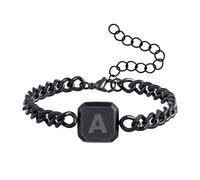 Initial Bracelet Gold/Silver/Black Squre A-Z Letter Cuban Link Chain Mens Bracelets Adjustable Size Stainless Steel Men Jewelry Gifts for him Husband Dad Brother Son, Initial M, Stainless Steel, no