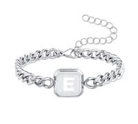Initial Bracelet Silver Squre A-Z Letter Cuban Link Chain Mens Bracelets Adjustable Size Stainless Steel Men Jewelry Gifts for Husband Dad Brother Son(Sliver F)