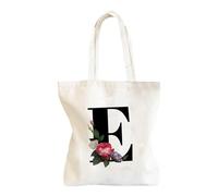 Initial Canvas Tote Bag, Initial Tote Bags for Women,Floral Design Foldable Tote Bag | Beach Bag, Cosmetic Makeup Organizer for Women and Girls, E, riferimento alla descrizione