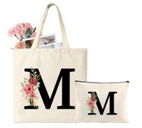 Initial Canvas Tote Bag, Personalized Present Bag with Floral Letter Cosmetic Bags, Suitable for Wedding, Birthday, Beach, Holiday, Great Gift for Women, Mom, Teachers, Friends, Bridesmaids(M)