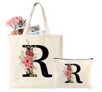 Initial Canvas Tote Bag, Personalized Present Bag with Floral Letter Cosmetic Bags, Suitable for Wedding, Birthday, Beach, Holiday, Great Gift for Women, Mom, Teachers, Friends, Bridesmaids(R)