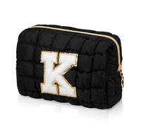 Initial Checkered Makeup Bag, Quilted Cosmetic Bag, Cute Make up Pouch for Purse, Travel Toiletry Storage Bag for Women Preppy Teen Girls Gift Trendy Stuff Gift (Black K), 1pc Black K, A