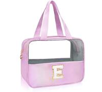 Initial Clear Makeup Bag Large Travel Toiletry Bag Make Up Bag Chenille Patch A-Z Nylon Cosmetic Organizer Bags Travel Essentials Pink Gifts for Women Teen Girlfriend Brithday Gifts（Purple E）, Purple,