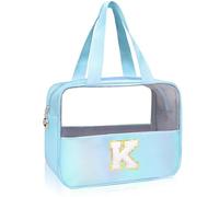 Initial Clear Makeup Bag Large Travel Toiletry Bag Make Up Bag Chenille Patch A-Z Nylon Cosmetic Organizer Bags Travel Essentials Pink Gifts for Women Teen Girlfriend Brithday Gifts (Blue K), Blue,