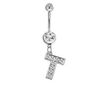 Initial Dangle Belly Button Rings | Embellished with CZ Crystals in Silver Letters A to Z | Ideal for Navel Piercings Belly Piercings - Initial T - BB-020