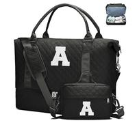Initial Duffle Bag for Women with Shoe Compartment & Makeup Pouch | Women's Travel Weekender Overnight Tote, Christmas & Birthday Gift, Stocking Stuffer, BLack, L, A