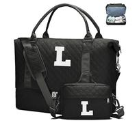 Initial Duffle Bag for Women with Shoe Compartment & Makeup Pouch | Women's Travel Weekender Overnight Tote, Christmas & Birthday Gift, Stocking Stuffer, BLack, L, L