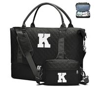 Initial Duffle Bag for Women with Shoe Compartment & Makeup Pouch | Women's Travel Weekender Overnight Tote, Christmas & Birthday Gift, Stocking Stuffer, BLack, L, K