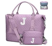 Initial Duffle Bag for Women with Shoe Compartment & Makeup Pouch | Women's Travel Weekender Overnight Tote, Christmas & Birthday Gift, Stocking Stuffer, Purple, 19.7 x 8.7 x 13.8 inches, J