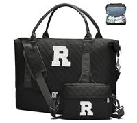 Initial Duffle Bag for Women with Shoe Compartment & Makeup Pouch | Women's Travel Weekender Overnight Tote, Christmas & Birthday Gift, Stocking Stuffer, BLack, Medium to Large, R