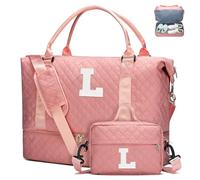 Initial Duffle Bag for Women with Shoe Compartment & Makeup Pouch | Women's Travel Weekender Overnight Tote, Christmas & Birthday Gift, Stocking Stuffer, Pink, L, L