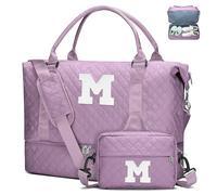 Initial Duffle Bag for Women with Shoe Compartment & Makeup Pouch | Women's Travel Weekender Overnight Tote, Christmas & Birthday Gift, Stocking Stuffer, Purple, 19.7 x 8.7 x 13.8 inches, M