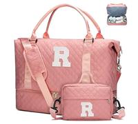 Initial Duffle Bag for Women with Shoe Compartment & Makeup Pouch | Women's Travel Weekender Overnight Tote, Christmas & Birthday Gift, Stocking Stuffer, Pink, Medium to Large, R