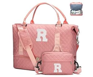 Initial Duffle Bag for Women with Shoe Compartment & Makeup Pouch | Women's Travel Weekender Overnight Tote, Christmas & Birthday Gift, Stocking Stuffer, Pink, Medium to Large, R
