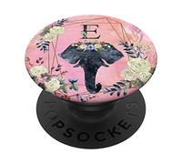 Initial E Letter Floral Boho Rose Pink Watercolor - Elephant PopSockets Swappable PopGrip