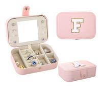 Initial F Jewelry Box Organizer - Small Travel Jewelry Case with Mirror - Small Waterproof Pink Jewelry Holder, Personalized Gift for Women Girls