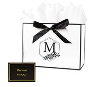 Initial Gift Bag, Personalised Gift Bag, Medium Birthday Gifts Bags with Tissue Paper and Card for Women Menfor, Menfor for Anniversary, Wedding, Personalised Gifts (White M)