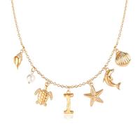 Initial I Charm Necklace For Women, Boho Gold Summer Beach Surfer Letter Necklace Starfish Seashell Pearl Turtles Dolphin Charms Pendant, Trendy Pendant Alphabet Choker Necklace Jewelry Gifts for Teen