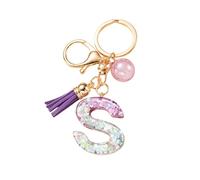 Initial Keychain Keyrings Alphabet S for Women, Girls Keyring Cute Letter Key Rings, Pink Purple Keychains, The Shape of Initial Car Keyring for Wallet Purses Backpack, Pendant Design Tassel Large Key