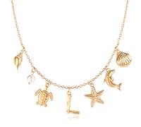 Initial L Charm Necklace For Women, Boho Gold Summer Beach Surfer Letter Necklace Starfish Seashell Pearl Turtles Dolphin Charms Pendant, Trendy Pendant Alphabet Choker Necklace Jewelry Gifts for Teen