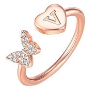Initial Letter Alphabet Rings A Z Silver And Gold Adjustable Finger Ring For Women Girl Jewelry Ring Womens (V, One Size)