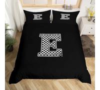 Initial Letter E Cot Duvet Cover 2 Pcs,Racing Flag Black White Plaid Bedding Sets for Kids Boys Teens Adults,Simple Modern Geometric Grid Quilt Cover 1 Pillowcase,No Comforter