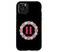 Initial Letter H Pink and White Daisy Flower Wreath Monogram Case for iPhone 11 Pro