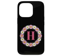 Initial Letter H Pink and White Daisy Flower Wreath Monogram Case for iPhone 13 Pro