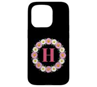 Initial Letter H Pink and White Daisy Flower Wreath Monogram Case for iPhone 15 Pro