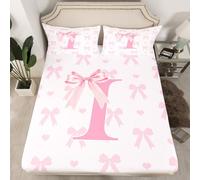 Initial Letter I Bedding Set Double Size,Dreamy Bow Love Hearts Kawaii Pink Fitted Sheet,Princess Style Pink Bowknot Girly Romantic Sheet Set for Kids Teens Bedroom(No Flat Sheet)