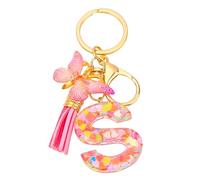 Initial Letter Keychain, Alphabet Key Ring Fashion Personalised Pink Resin Wallet Bag Charm Women Tassel Butterfly Cute Car Keyrin Gift for Sister Friend Birthday Graduation Christmas (S)