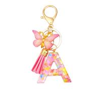 Initial Letter Keychain, Alphabet Key Ring Fashion Personalised Pink Resin Wallet Bag Charm Women Tassel Butterfly Cute Car Keyrin Gift for Sister Friend Birthday Graduation Christmas (A)