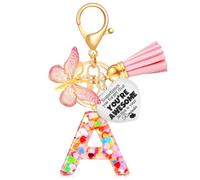 Initial Letter Keychain,Inspirational Gift for Women,Personalised Alphabet Keyring with Tassel and Butterfly Pendant,Pink Car Keyring,Friendship Gift for Girls, Stocking Fillers for Girlfriend (A)