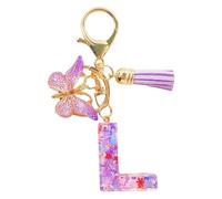 Initial Letter Keychains for Women, Resin Initial Keychain Keyrings Alphabet A-Z for Women, Cute Car Keychain with Butterfly Pendant Pink Purple Tassel For Wallet Backpack Bag (L)