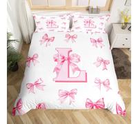 Initial Letter L Comforter Cover For Kids Teen Women,Pink Bow Girls Single Bedding Set Kawaii Girly Bowknot Duvet Cover Princess Style Romantic Bow Bedspread Cover