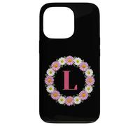 Initial Letter L Pink and White Daisy Flower Wreath Monogram Case for iPhone 13 Pro