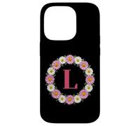 Initial Letter L Pink and White Daisy Flower Wreath Monogram Case for iPhone 14 Pro
