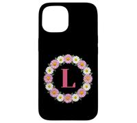 Initial Letter L Pink and White Daisy Flower Wreath Monogram Case for iPhone 15