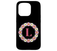 Initial Letter L Pink and White Daisy Flower Wreath Monogram Case for iPhone 15 Pro